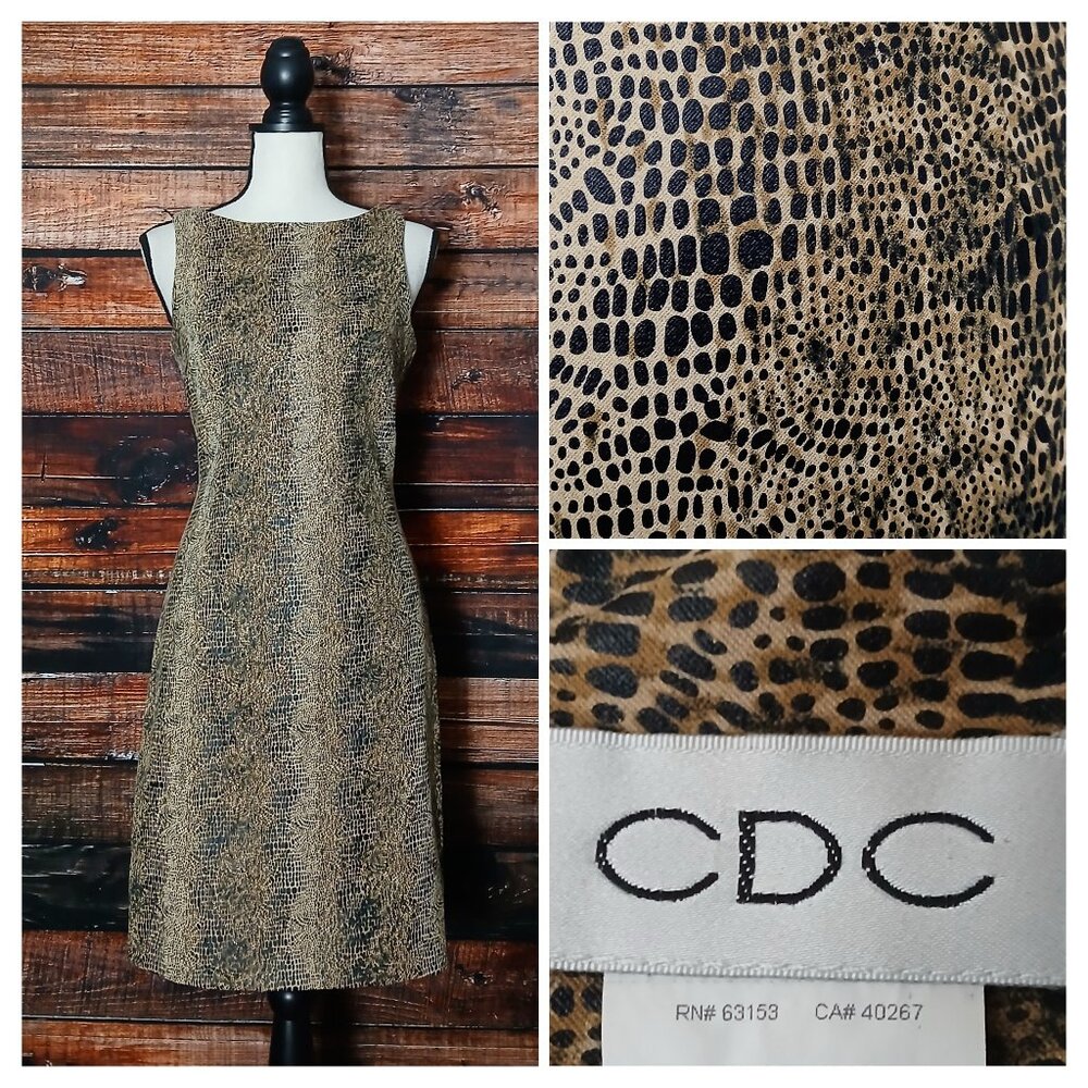 CDC Vintage Sheath Dress 6 Tan Black Snakeskin Print Metallic Zip Stretch